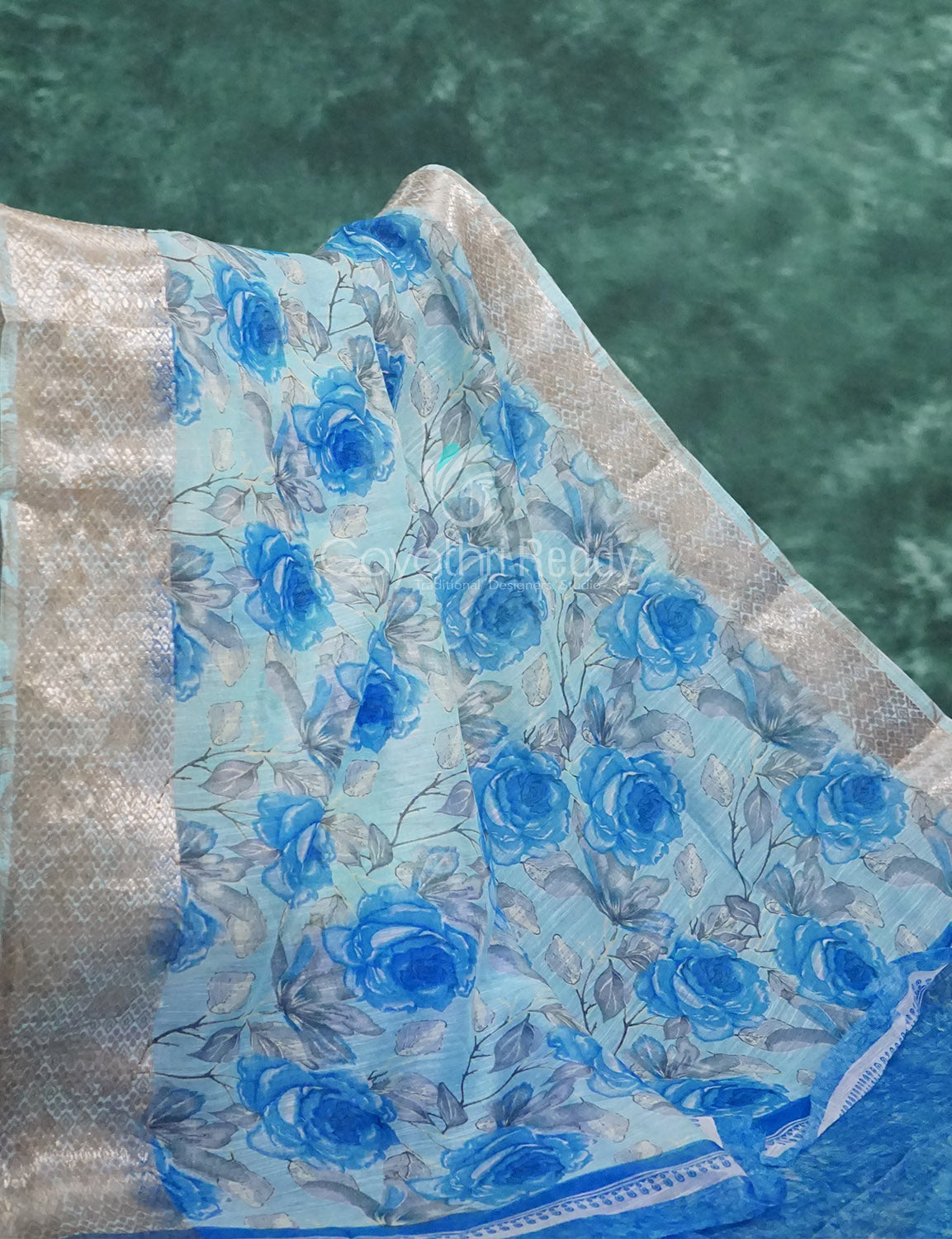 Powder Blue And Dark Blue Coloured Floral Print Semi Chanderi Saree By Gayathri Reddy Designer Studio