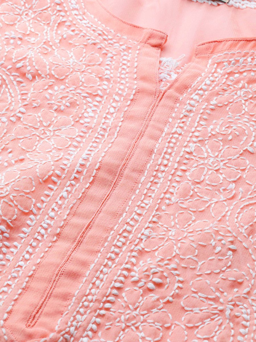 ADA Ada Women Plus Size Peach-Coloured & White Ethnic Motifs Chikankari Georgette Handloom Kurta