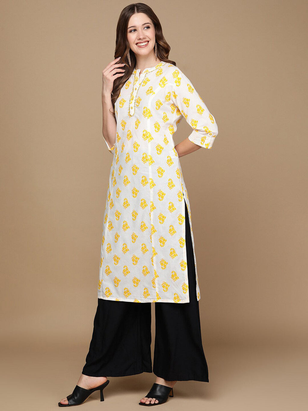 HERE&NOW White & Yellow Floral Printed Sequined Pure Cotton Kurta