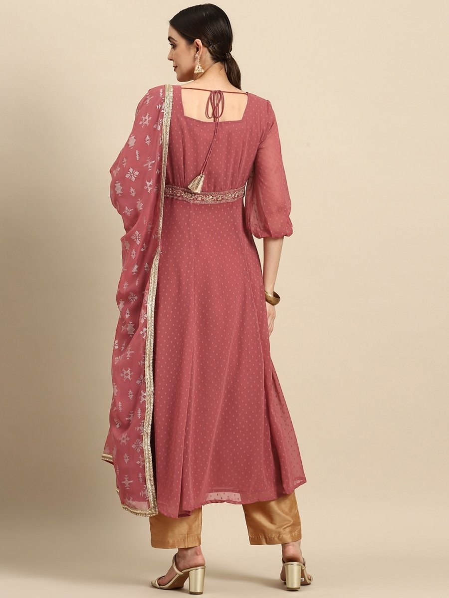 All About You Square Neck Dobby Weave A-Line Kurta With Dupatta