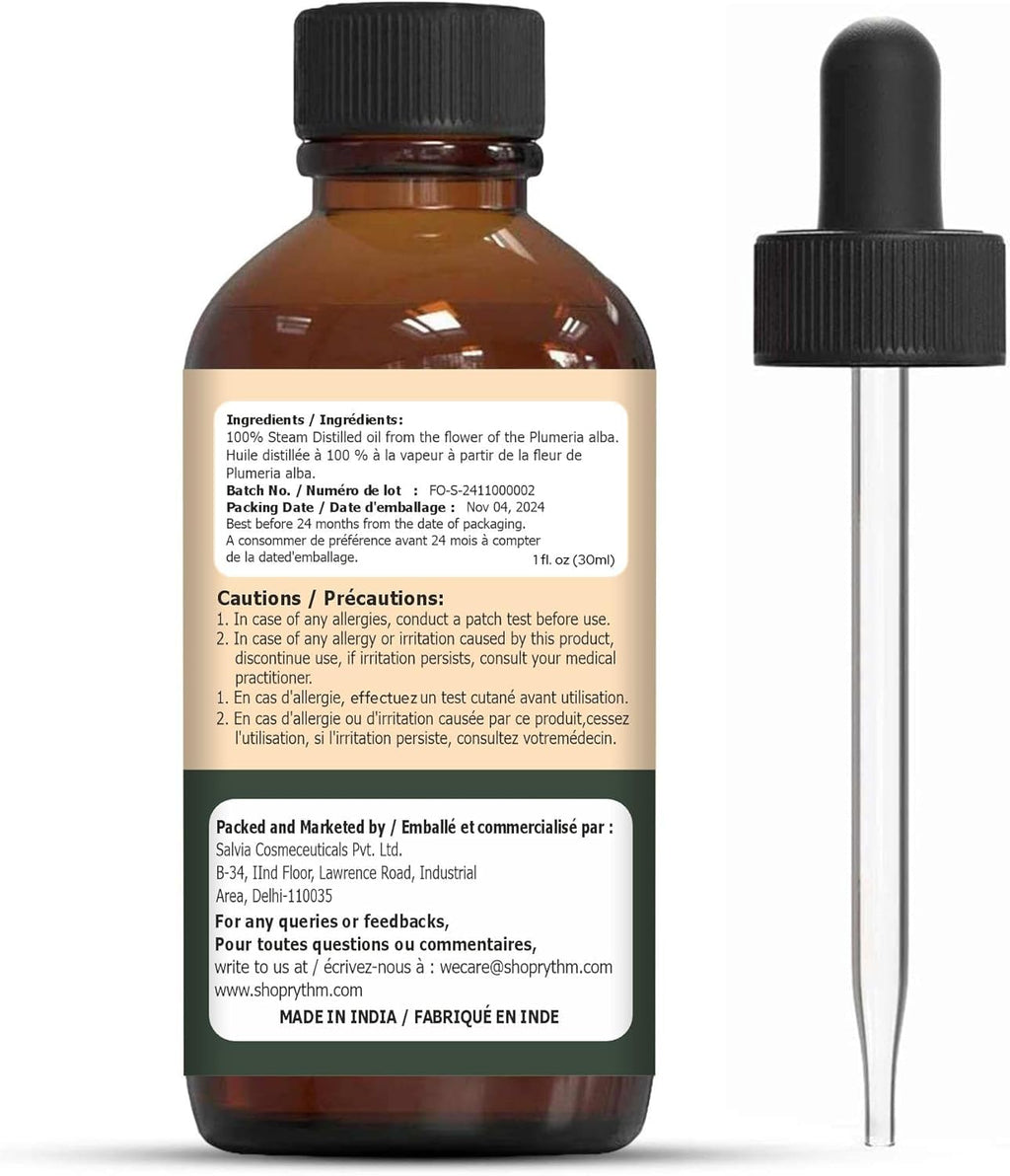 Organic Zing Frangipani (Plumeria alba) Oil | Pure & Natural Essential Oil for Skincare, Massage, Aroma & Diffuser