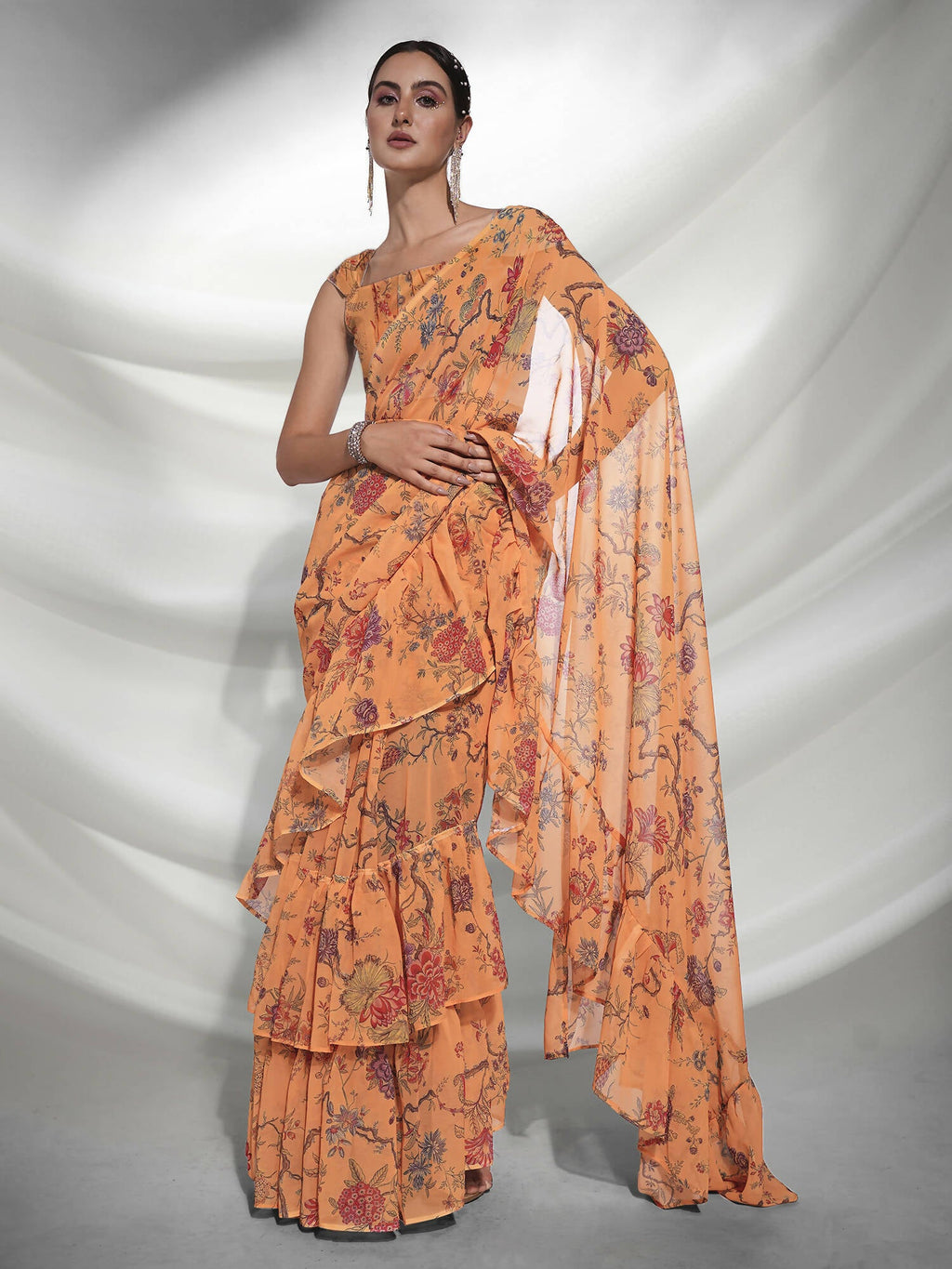 Orange Georgette Floral Printed Saree With Unstitched Blouse Piece - Rajal