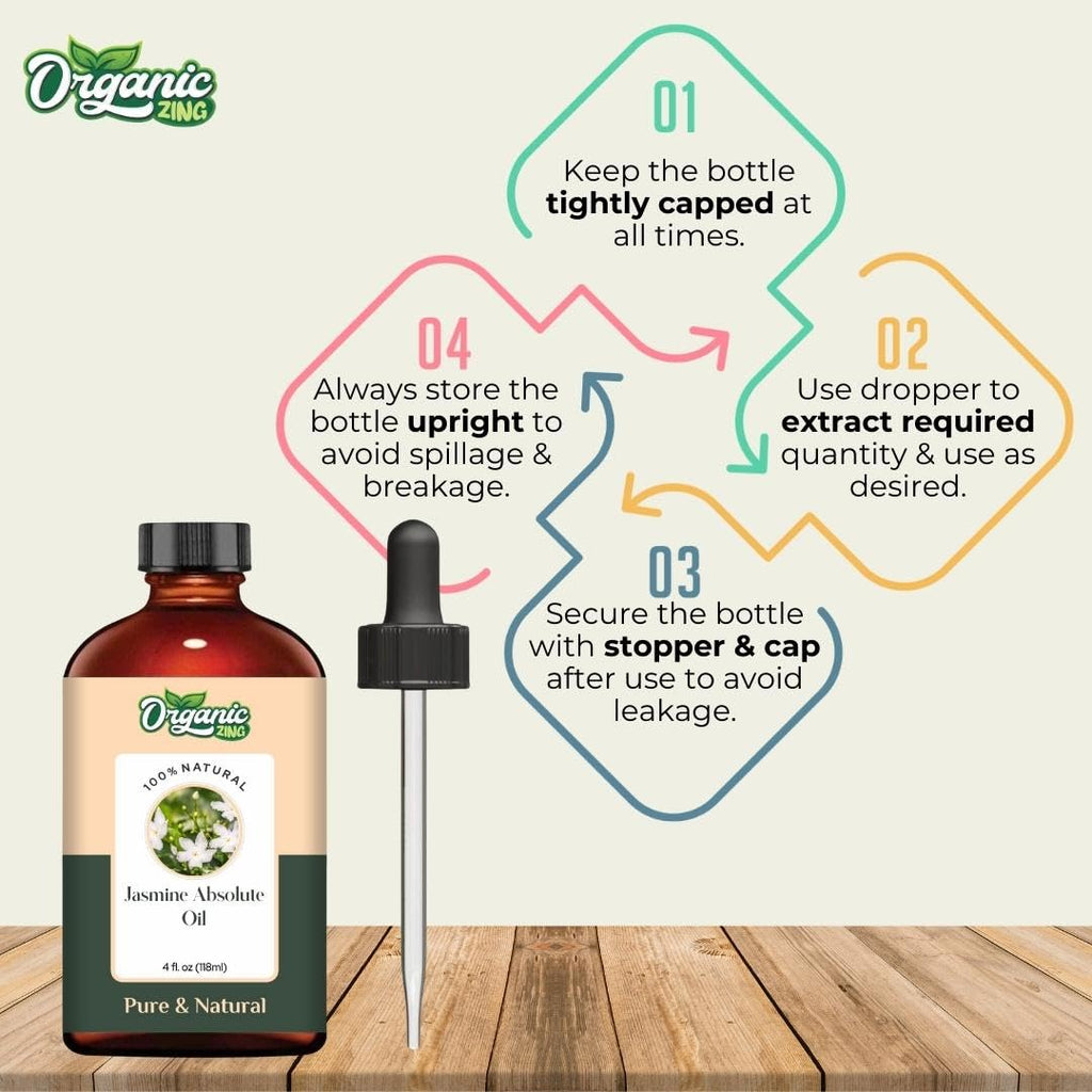 Organic Zing Jasmine Absolute (Jasminum grandiflorum) Oil | Pure & Natural Essential Oil for Skincare, Hair Care, Aroma and Diffusers
