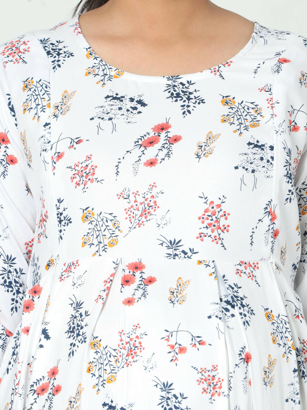 Manet Three Fourth Maternity Dress Floral Print With Concealed Zipper Nursing Access - White