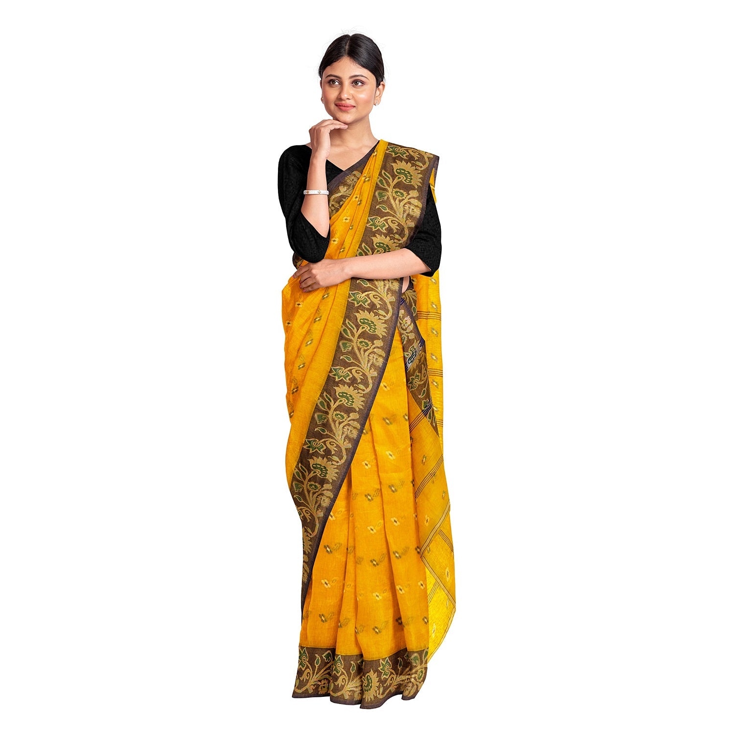 Exclusive Collection 100% Pure Cotton Yellow Tant Saree With Hand Weaving Work