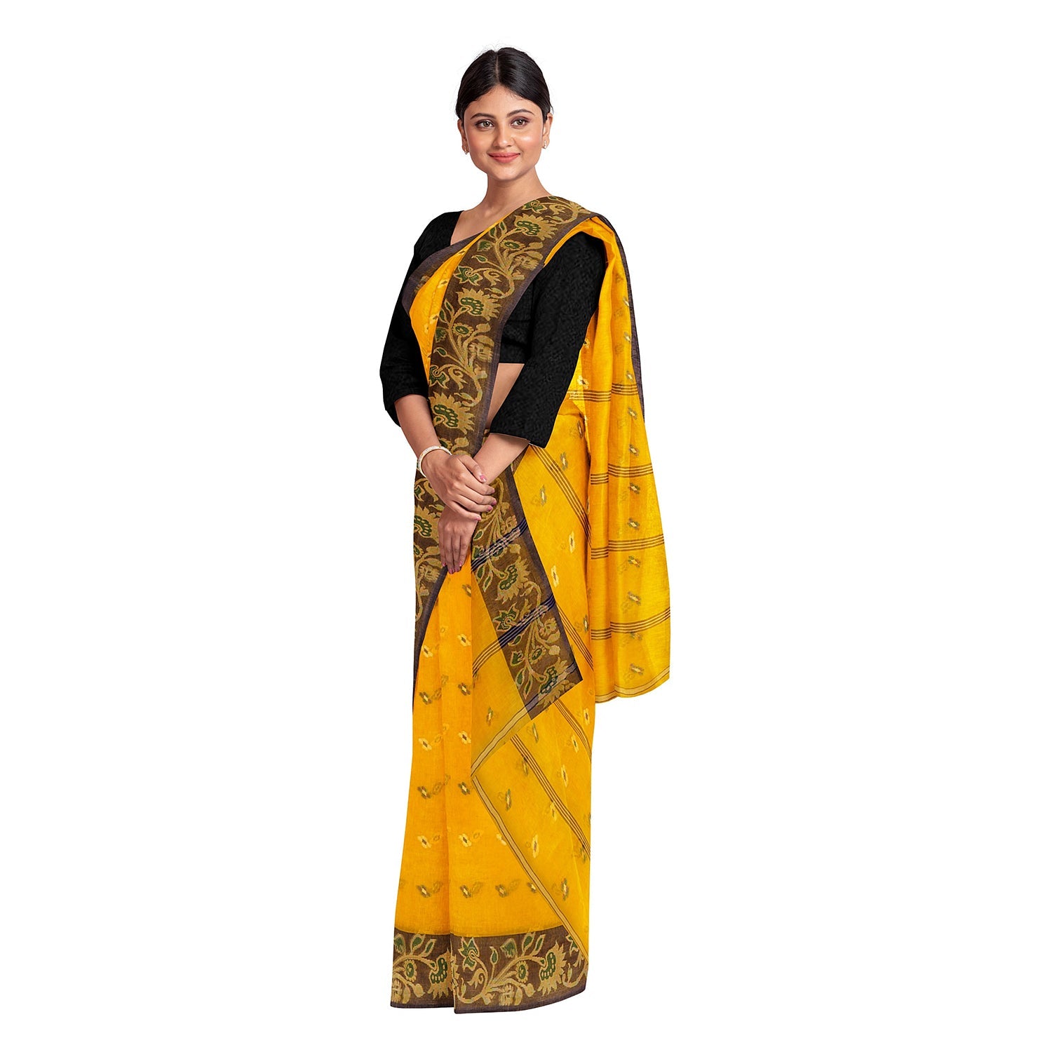 Exclusive Collection 100% Pure Cotton Yellow Tant Saree With Hand Weaving Work