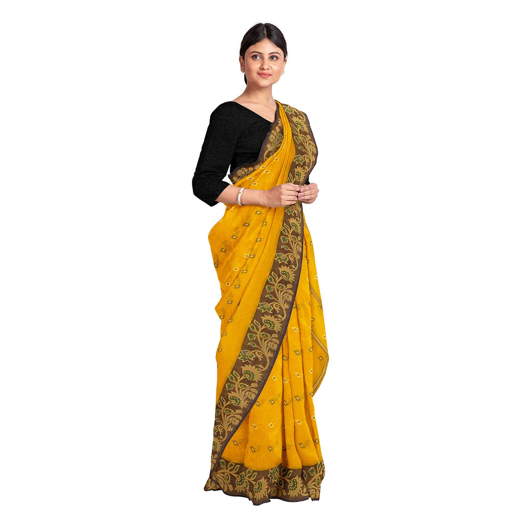 Exclusive Collection 100% Pure Cotton Yellow Tant Saree With Hand Weaving Work