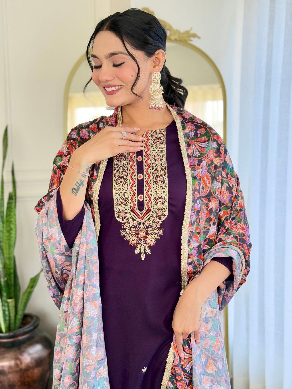 The52 Women's Rayon Embroidery work Straight Kurta with Pant and Dupatta Set