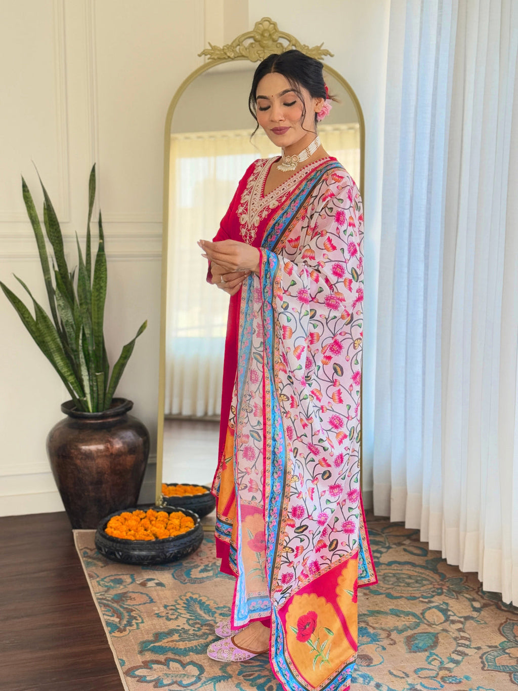 The52 Thread Work Rayon Fabric Straight Kurta, Pant and Dupatta Set