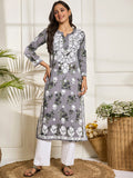 HOUSE OF KARI Floral Embroidered Chikankari Cotton Straight Kurta