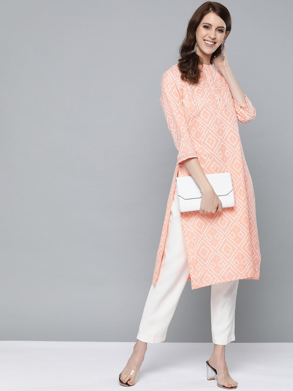 HERE&NOW Women Peach-Coloured & White Bandhani Print Straight Kurta