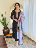 The52 Black Embroidered Viscose Chanderi Fabric Straight Kurta, Pant and Dupatta Set
