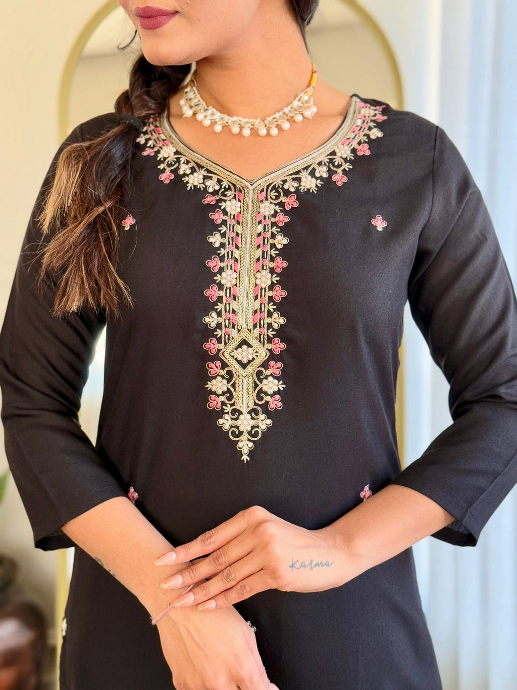 The52 Black Embroidered Viscose Chanderi Fabric Straight Kurta, Pant and Dupatta Set
