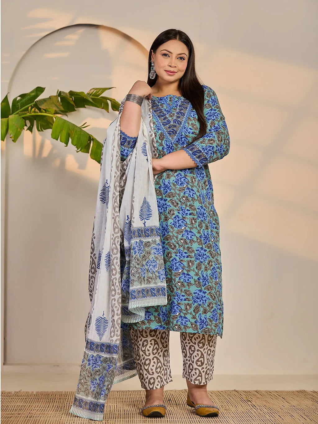 Yufta Rama Green And Blue Floral Sequins Work Straight Plus Size Kurta Trouser Dupatta Set