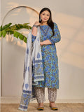 Yufta Rama Green And Blue Floral Sequins Work Straight Plus Size Kurta Trouser Dupatta Set