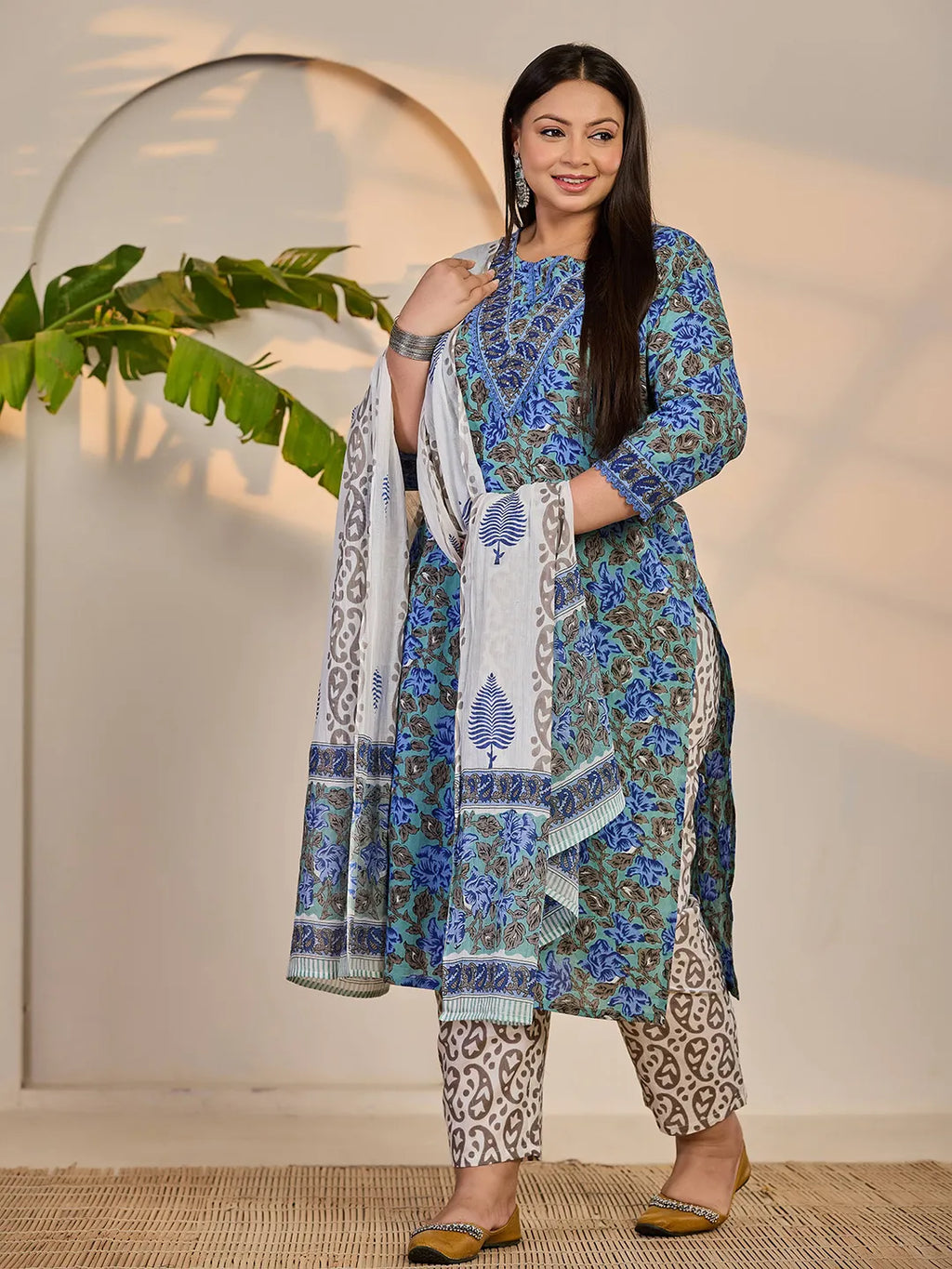 Yufta Rama Green And Blue Floral Sequins Work Straight Plus Size Kurta Trouser Dupatta Set