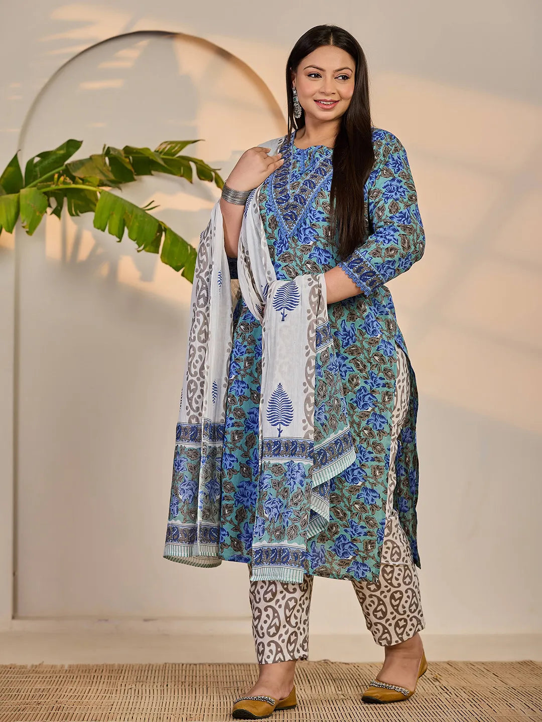 Yufta Rama Green And Blue Floral Sequins Work Straight Plus Size Kurta Trouser Dupatta Set