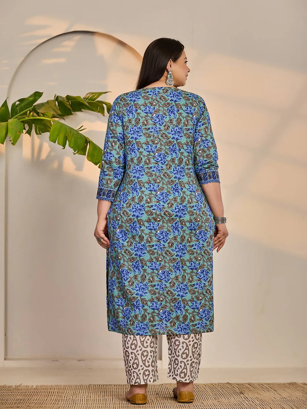 Yufta Rama Green And Blue Floral Sequins Work Straight Plus Size Kurta Trouser Dupatta Set