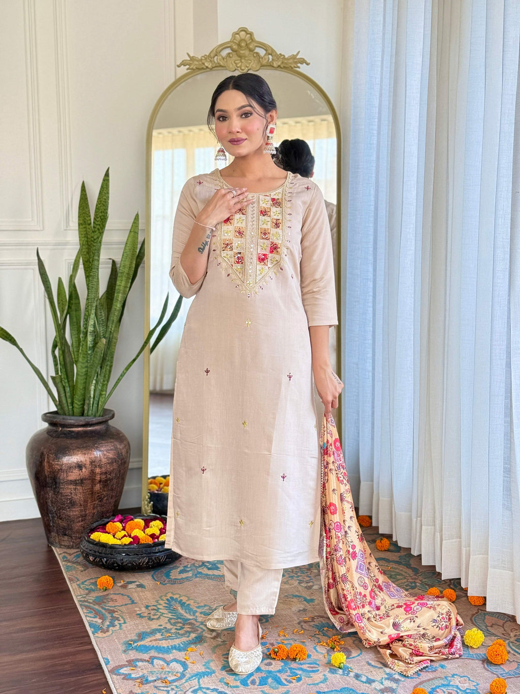 The52 Embroidered Rayon Fabric Straight Kurta, Pant and Dupatta Set
