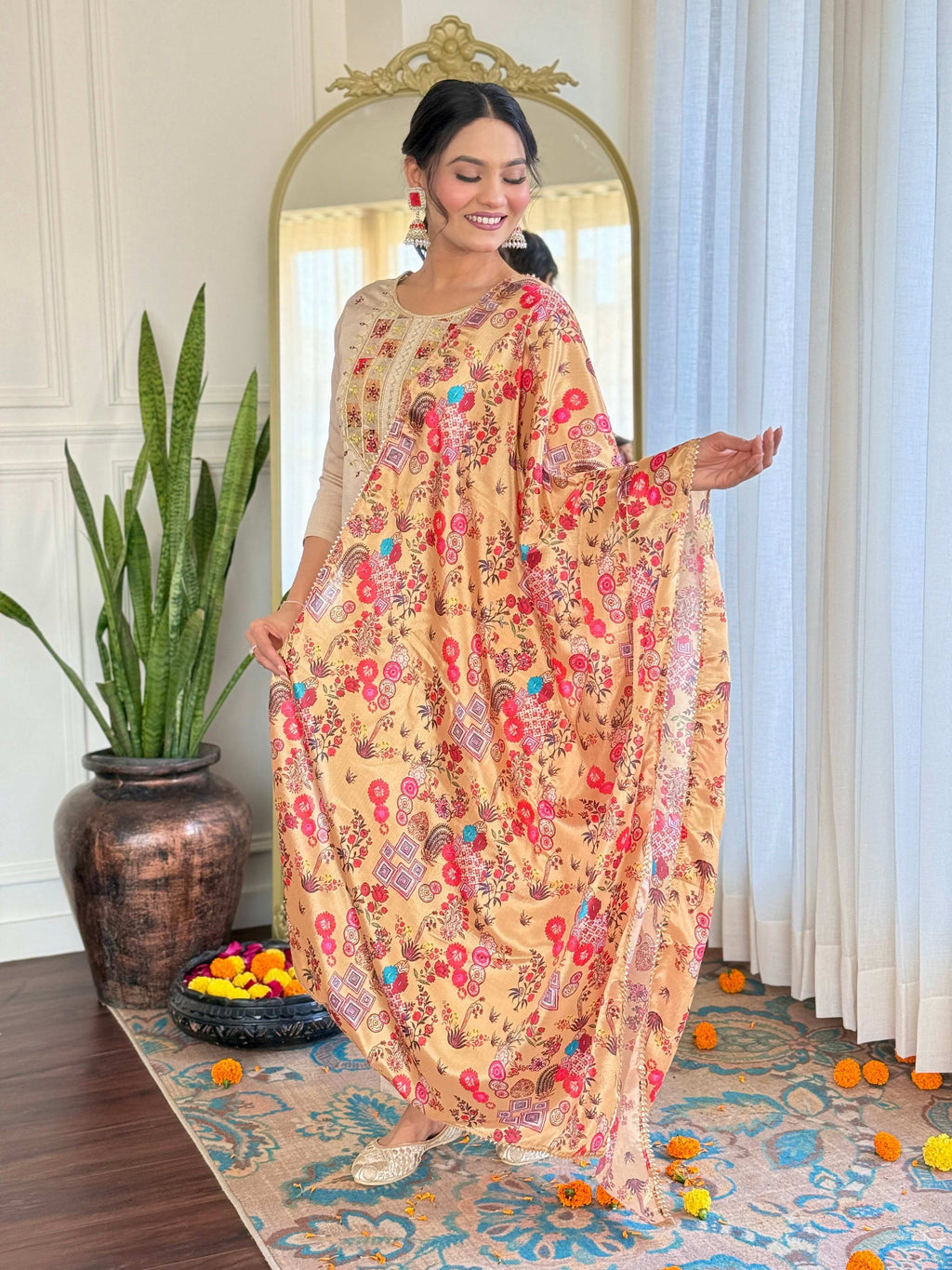 The52 Embroidered Rayon Fabric Straight Kurta, Pant and Dupatta Set