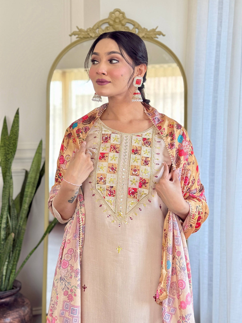 The52 Embroidered Rayon Fabric Straight Kurta, Pant and Dupatta Set