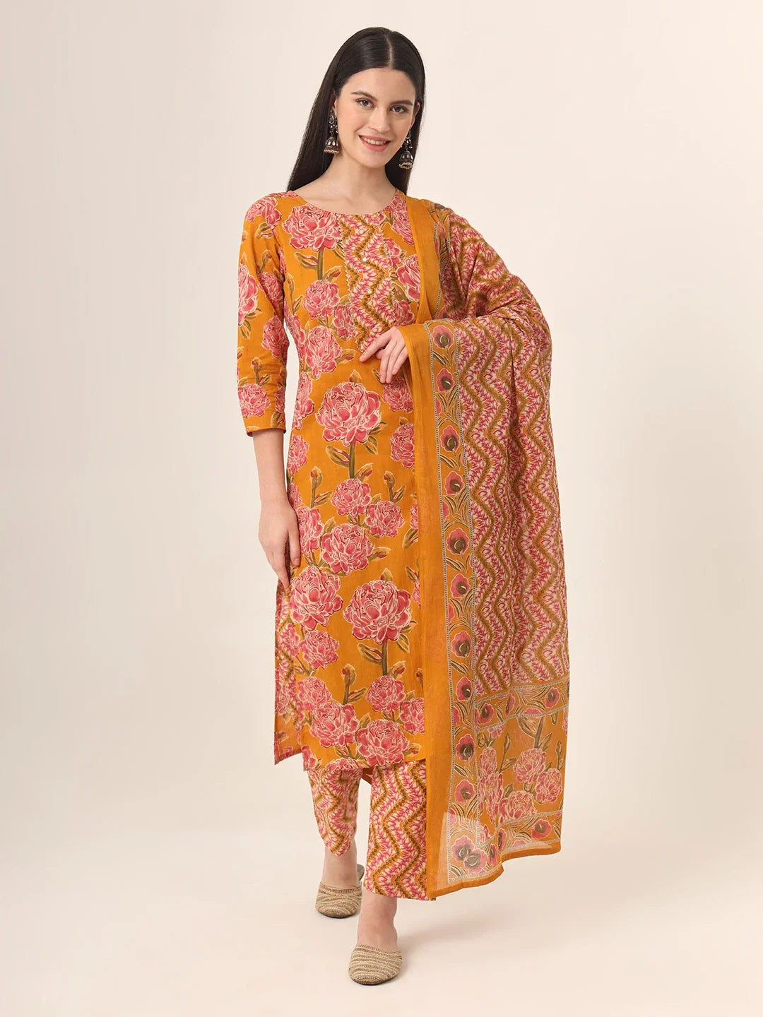 Yufta Mustard Pure Cotton Straight Kurta Pants Dupatta Set
