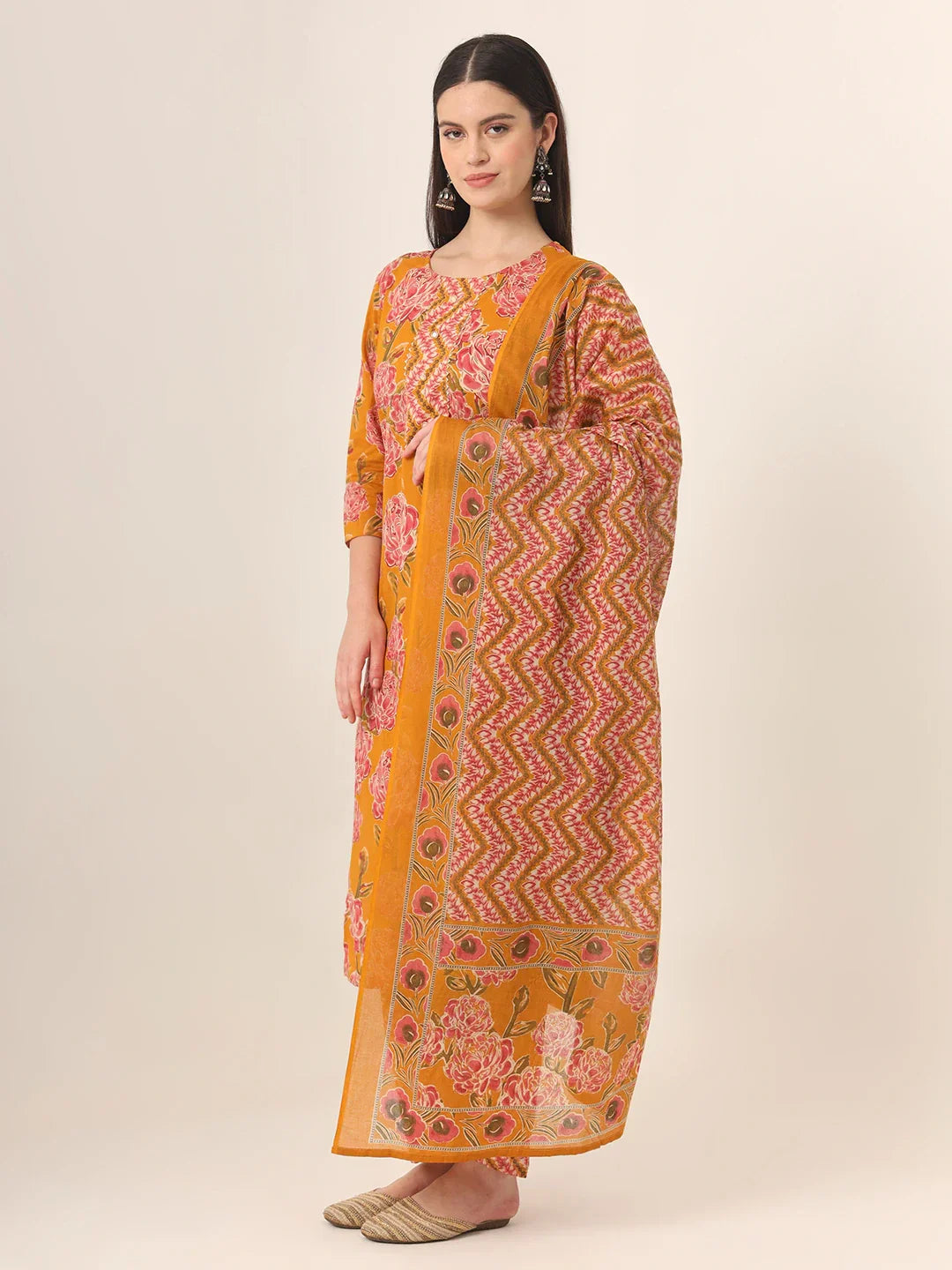 Yufta Mustard Pure Cotton Straight Kurta Pants Dupatta Set