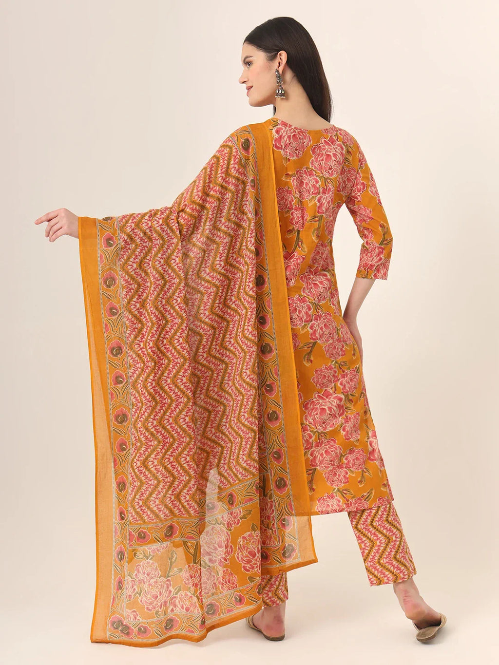 Yufta Mustard Pure Cotton Straight Kurta Pants Dupatta Set