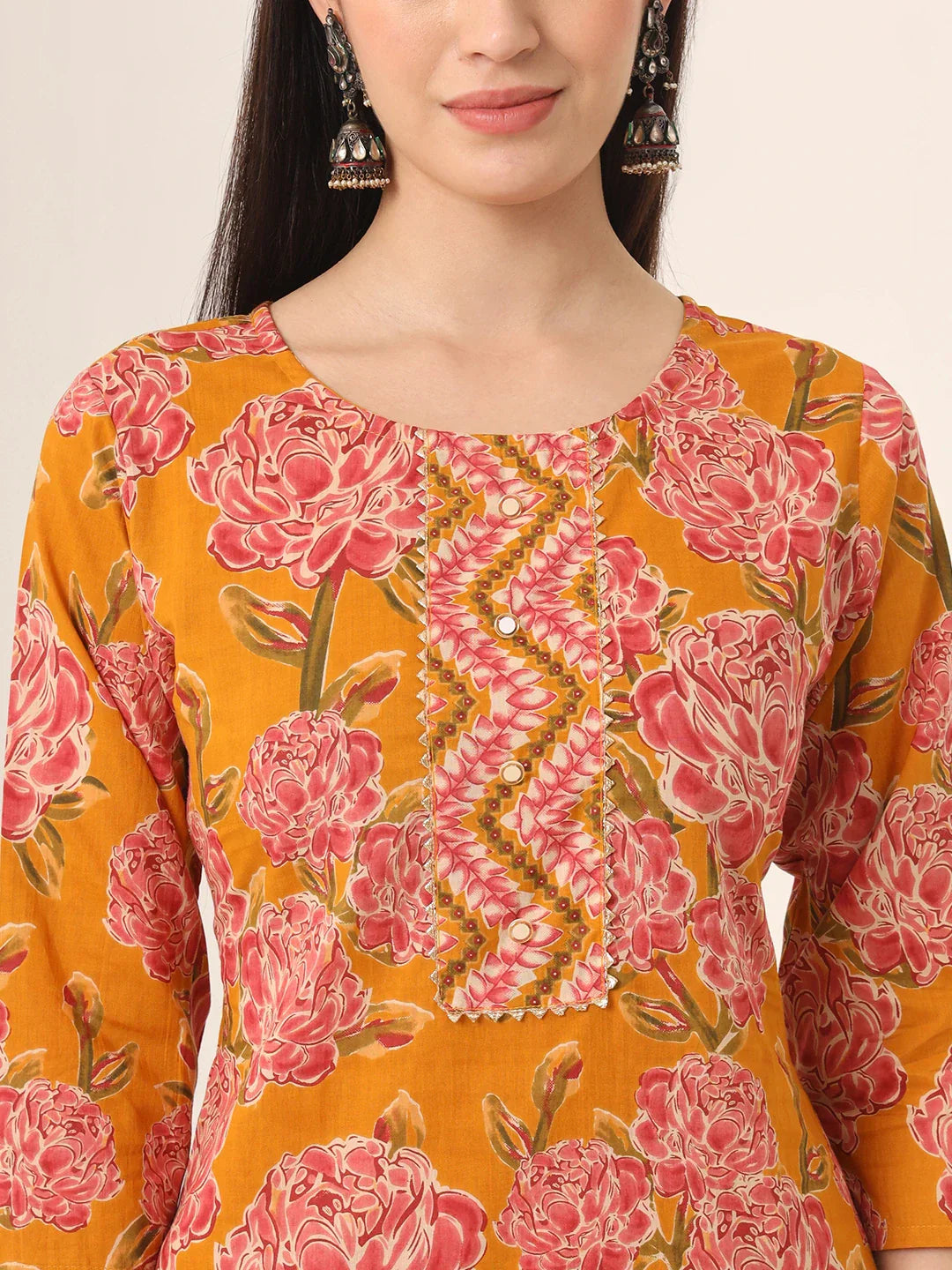 Yufta Mustard Pure Cotton Straight Kurta Pants Dupatta Set