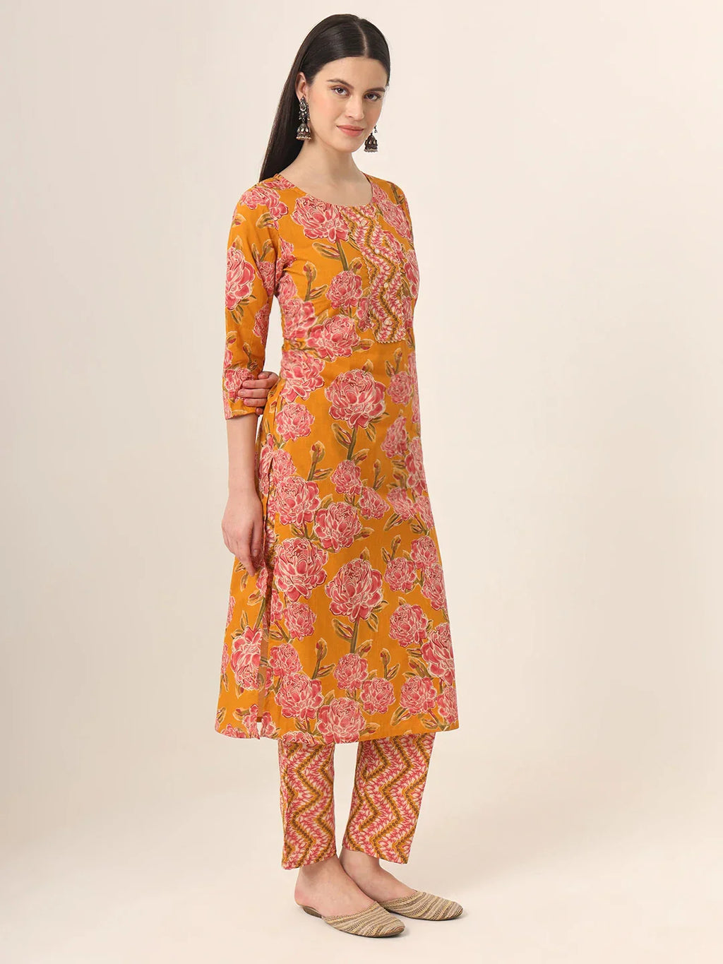 Yufta Mustard Pure Cotton Straight Kurta Pants Dupatta Set