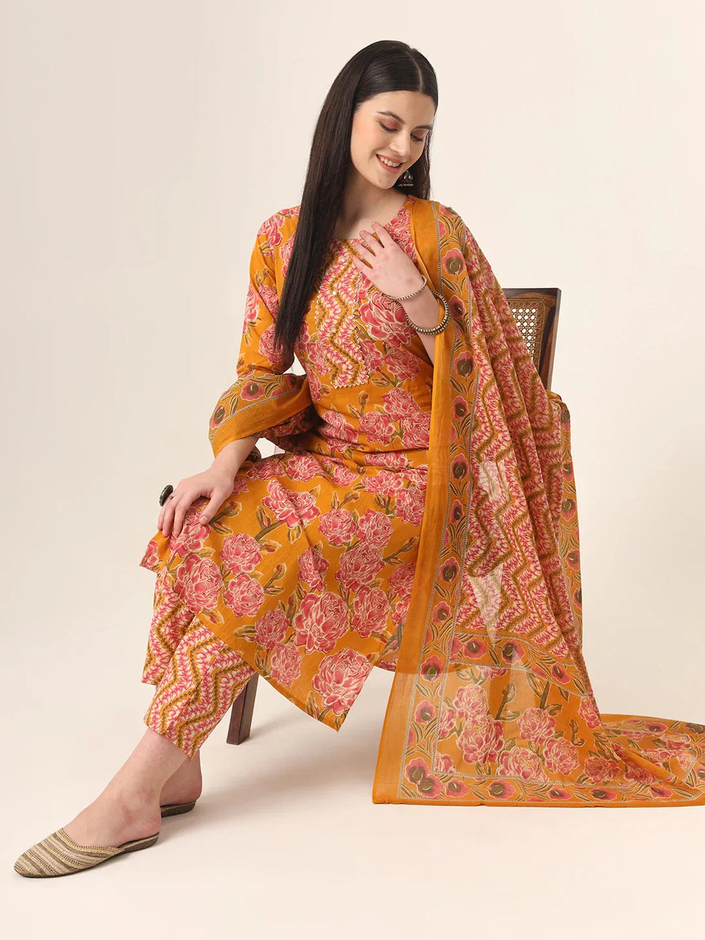 Yufta Mustard Pure Cotton Straight Kurta Pants Dupatta Set