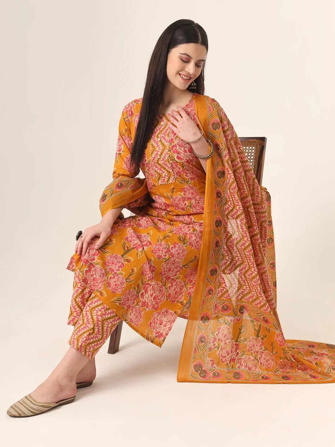 Yufta Mustard Pure Cotton Straight Kurta Pants Dupatta Set