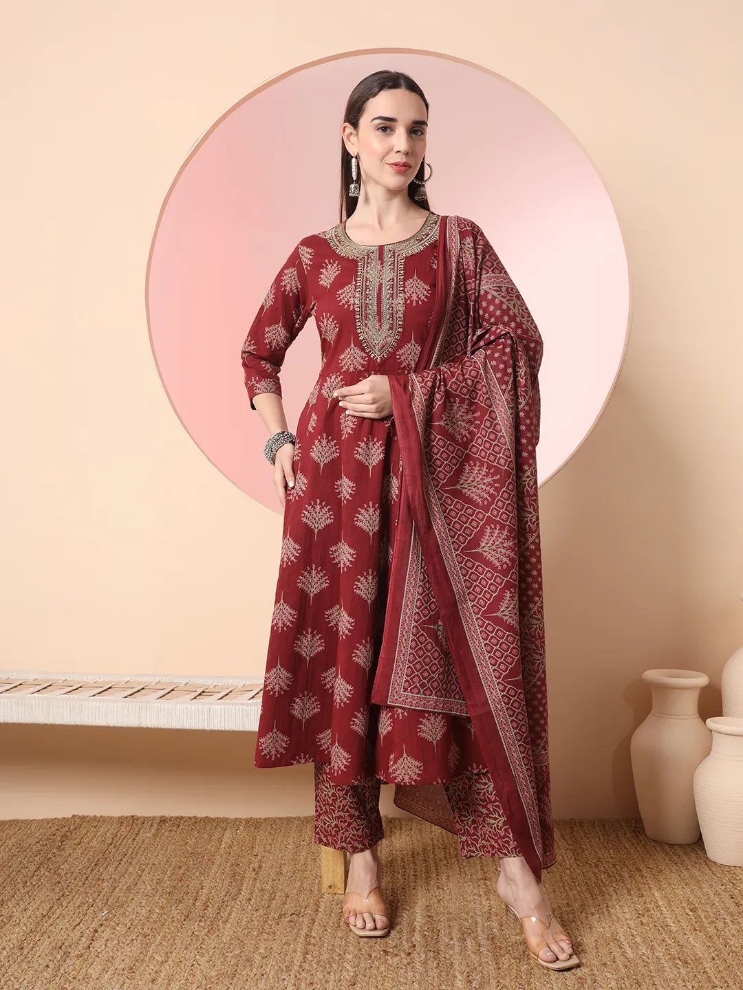 Yufta Maroon Pure Cotton Chikankari Anarkali Kurta Dupatta Pant Set