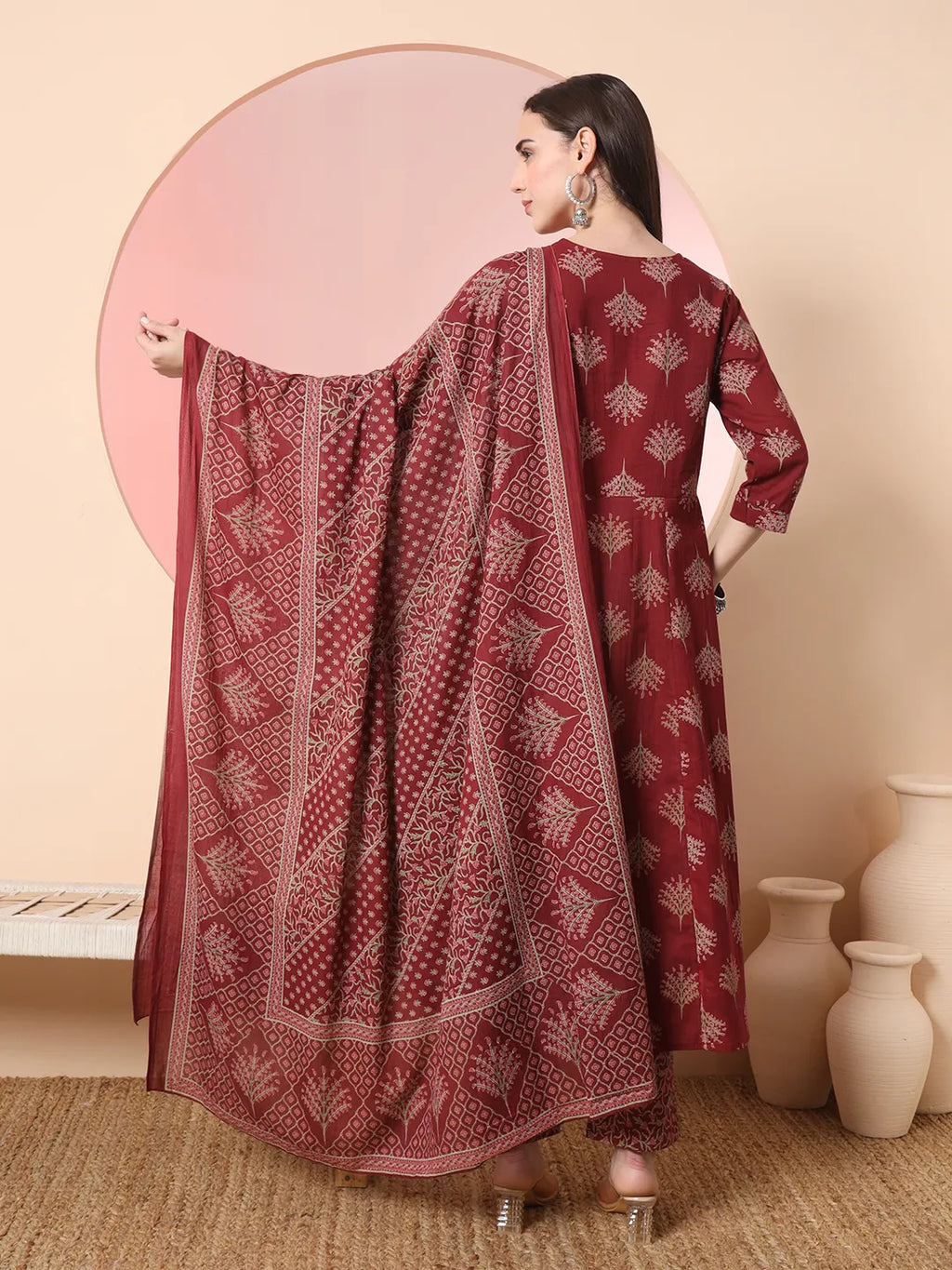 Yufta Maroon Pure Cotton Chikankari Anarkali Kurta Dupatta Pant Set
