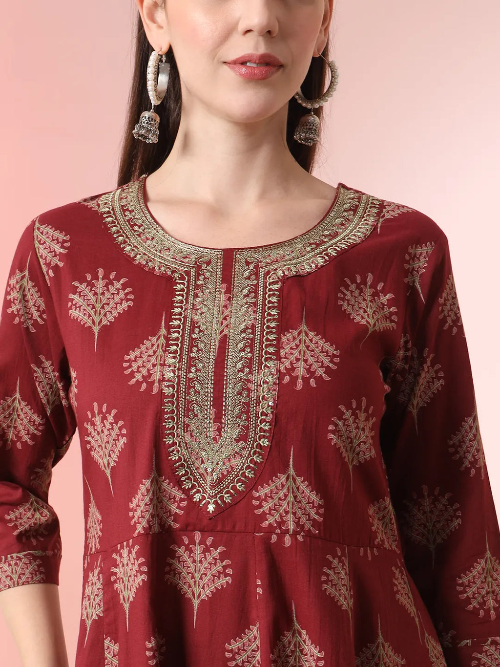 Yufta Maroon Pure Cotton Chikankari Anarkali Kurta Dupatta Pant Set