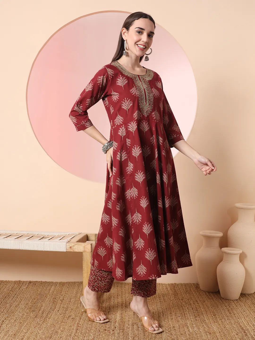 Yufta Maroon Pure Cotton Chikankari Anarkali Kurta Dupatta Pant Set