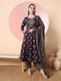 Yufta Purple Pure Cotton Chikankari Anarkali Kurta Dupatta Pant Set