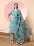 Yufta Green Pure Cotton Thread_Work Straight Kurta Dupatta Pant Set