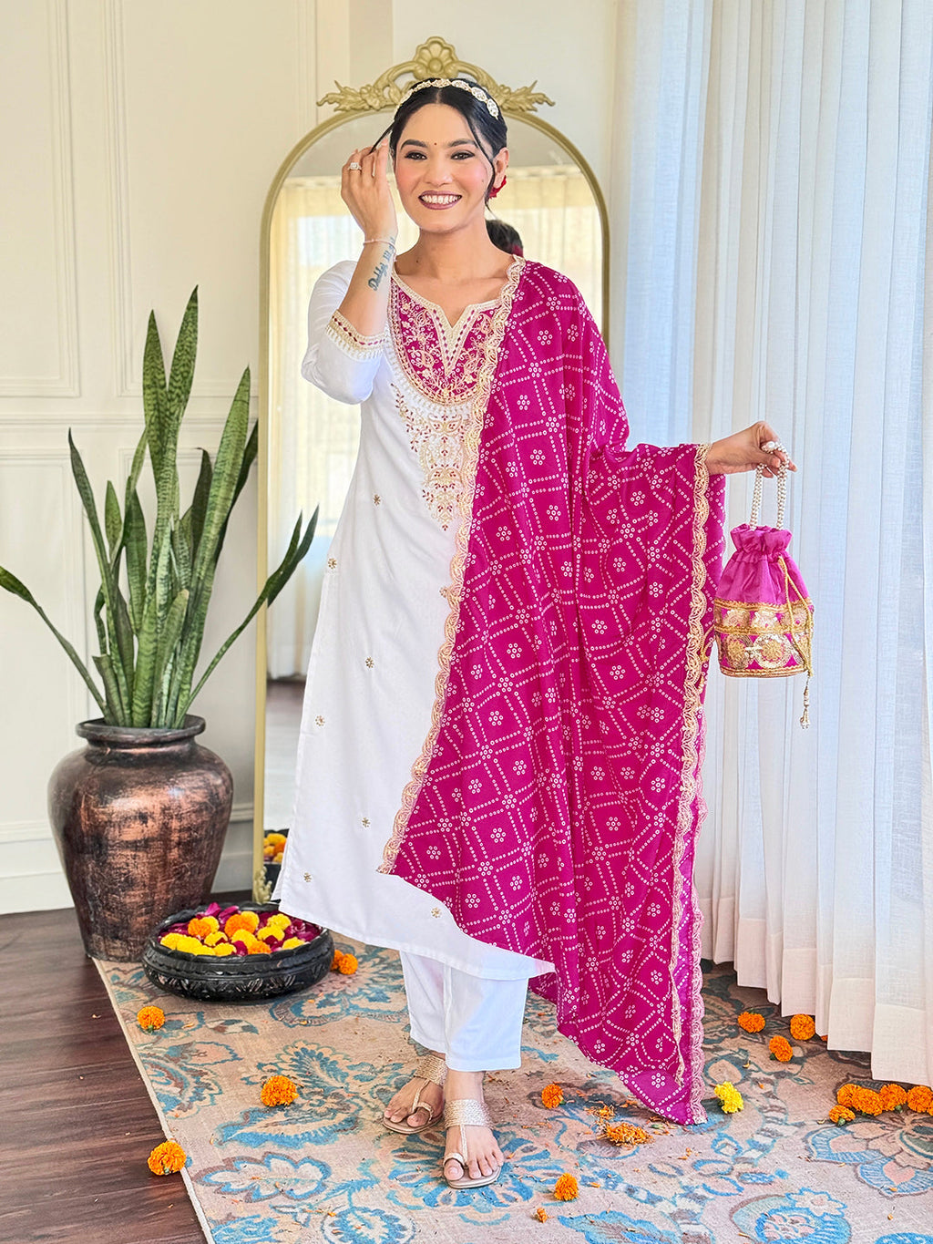 The52 Women's Embroidered Viscose Fabric Straight Kurta, Pant and Dupatta Set