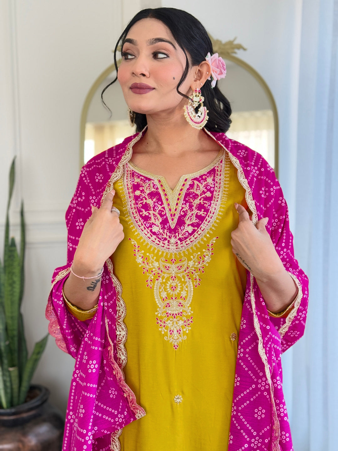 The52 Women's Embroidered Viscose Fabric Straight Kurta, Pant and Dupatta Set