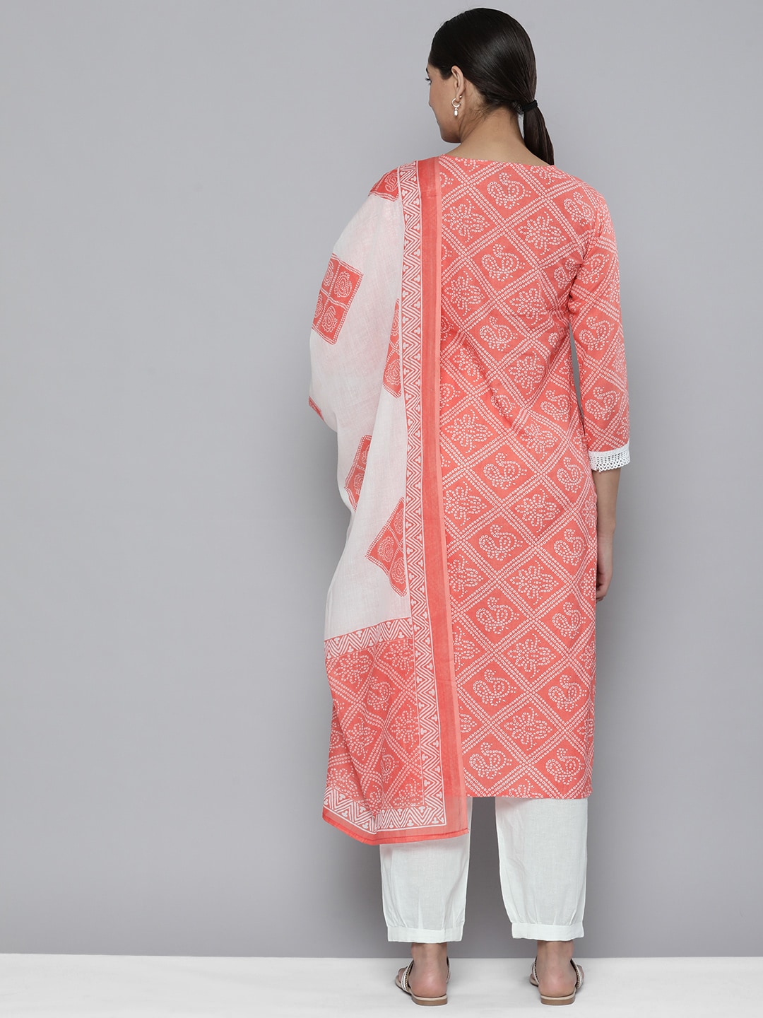 HERE&NOW Women Orange Ethnic Motifs Embroidered Pure Cotton Kurta with Trousers & With Dupatta