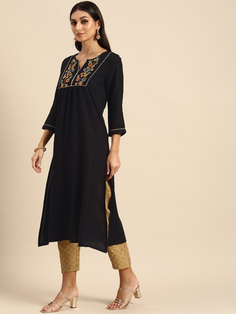 All About You Women Black Floral Yoke Design Embroidered Thread Work Straight Kurta