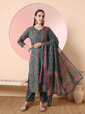 Yufta Green Floral Embroidered Kurta with Trousers with dupatta Set