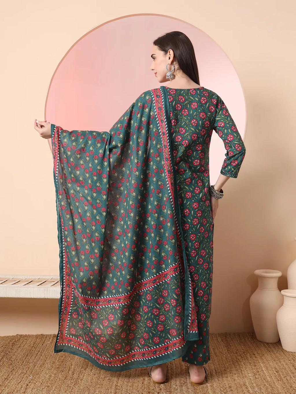 Yufta Green Floral Embroidered Kurta with Trousers with dupatta Set