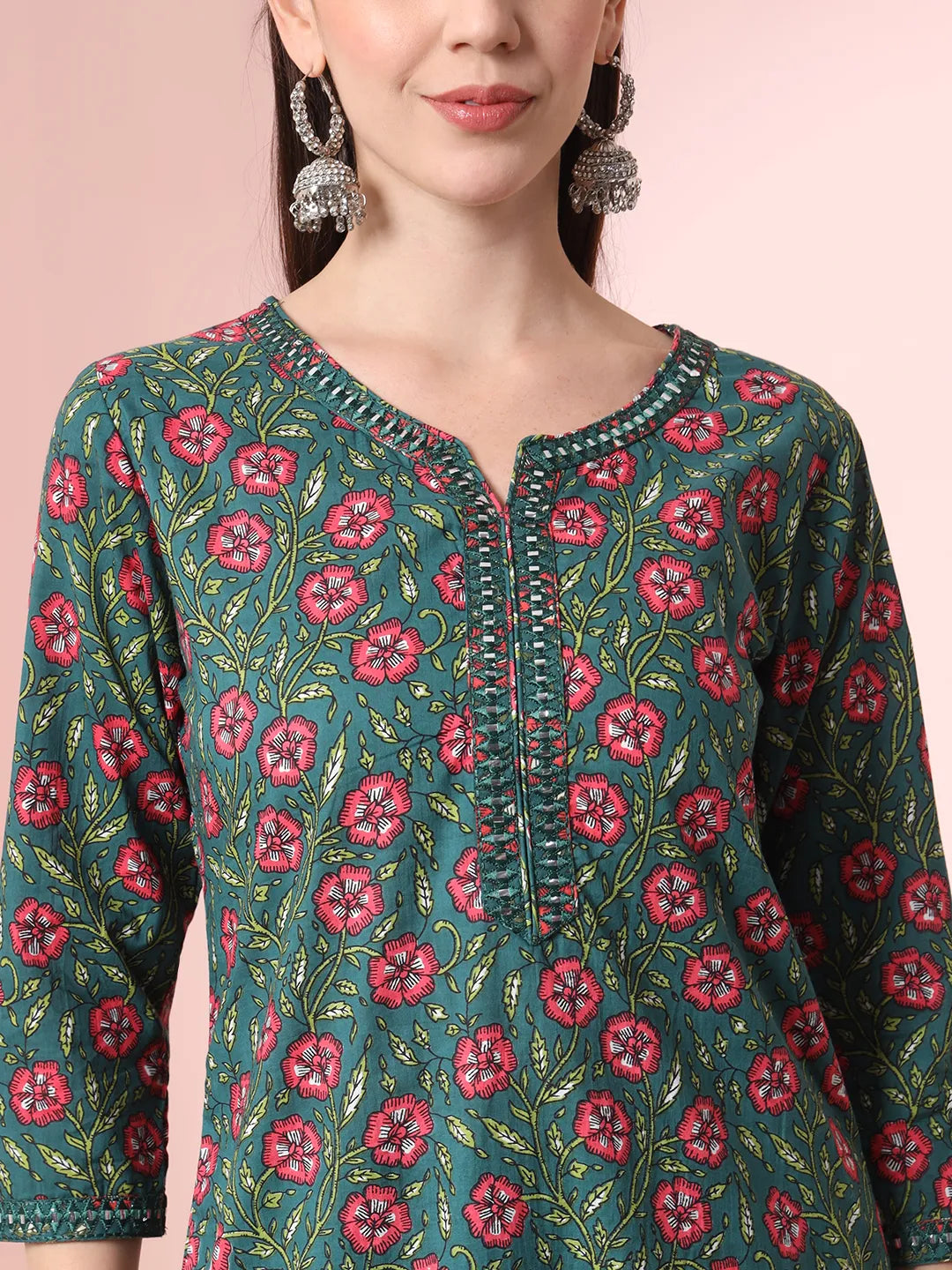 Yufta Green Floral Embroidered Kurta with Trousers with dupatta Set