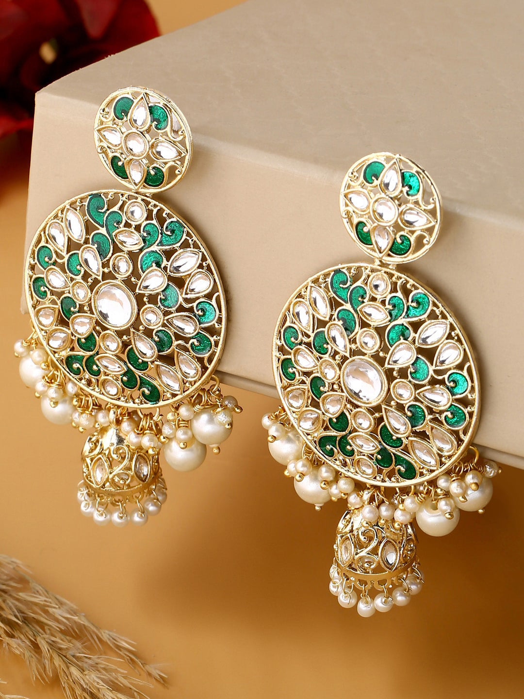 Shoshaa Green & Gold-Polished Kundan Studded Contemporary Jhumkas Earrings