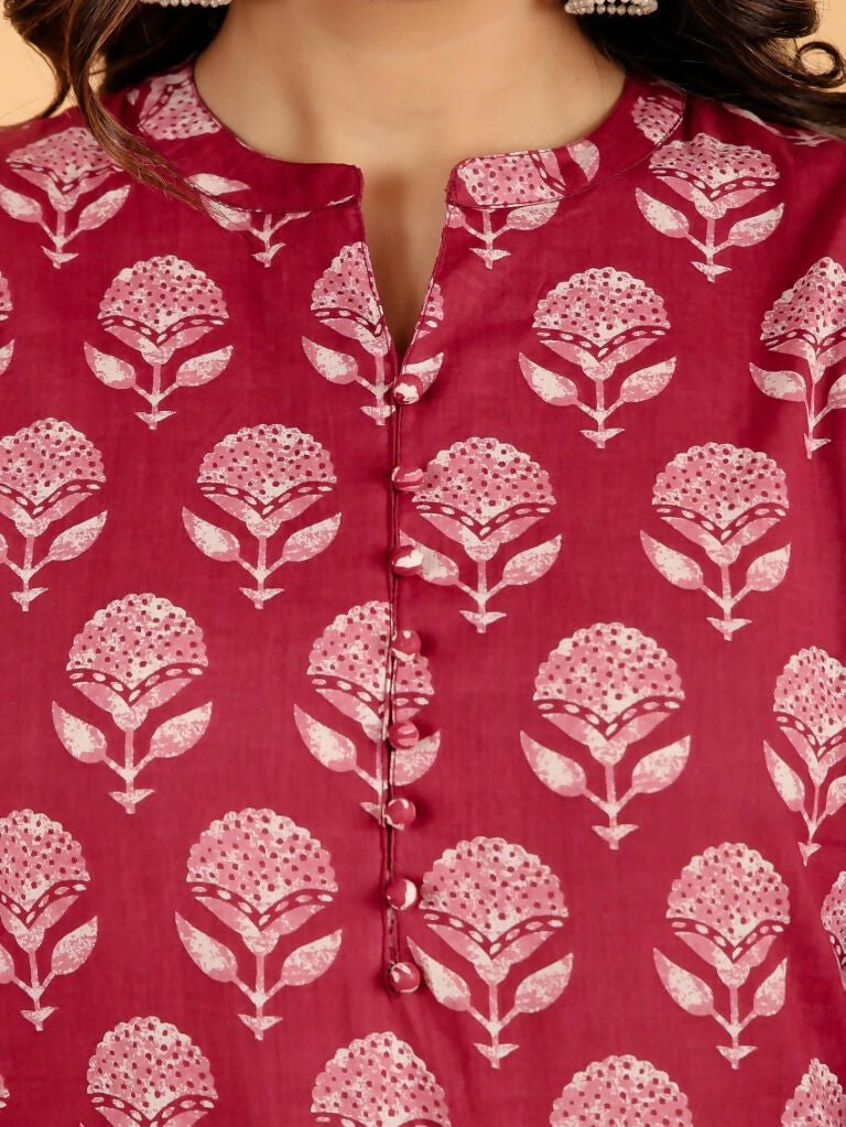Aramya Pink Soft Cotton Block Print Straight Kurta Set for Women