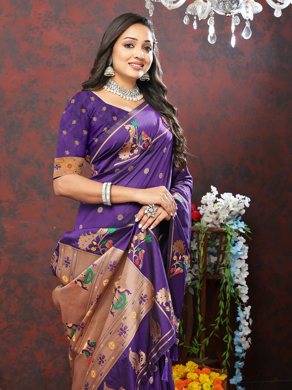 Lorenvalley Fashion Purple Soft Paithani Silk Woven Design Copper Zari Meenakari Weaving Saree