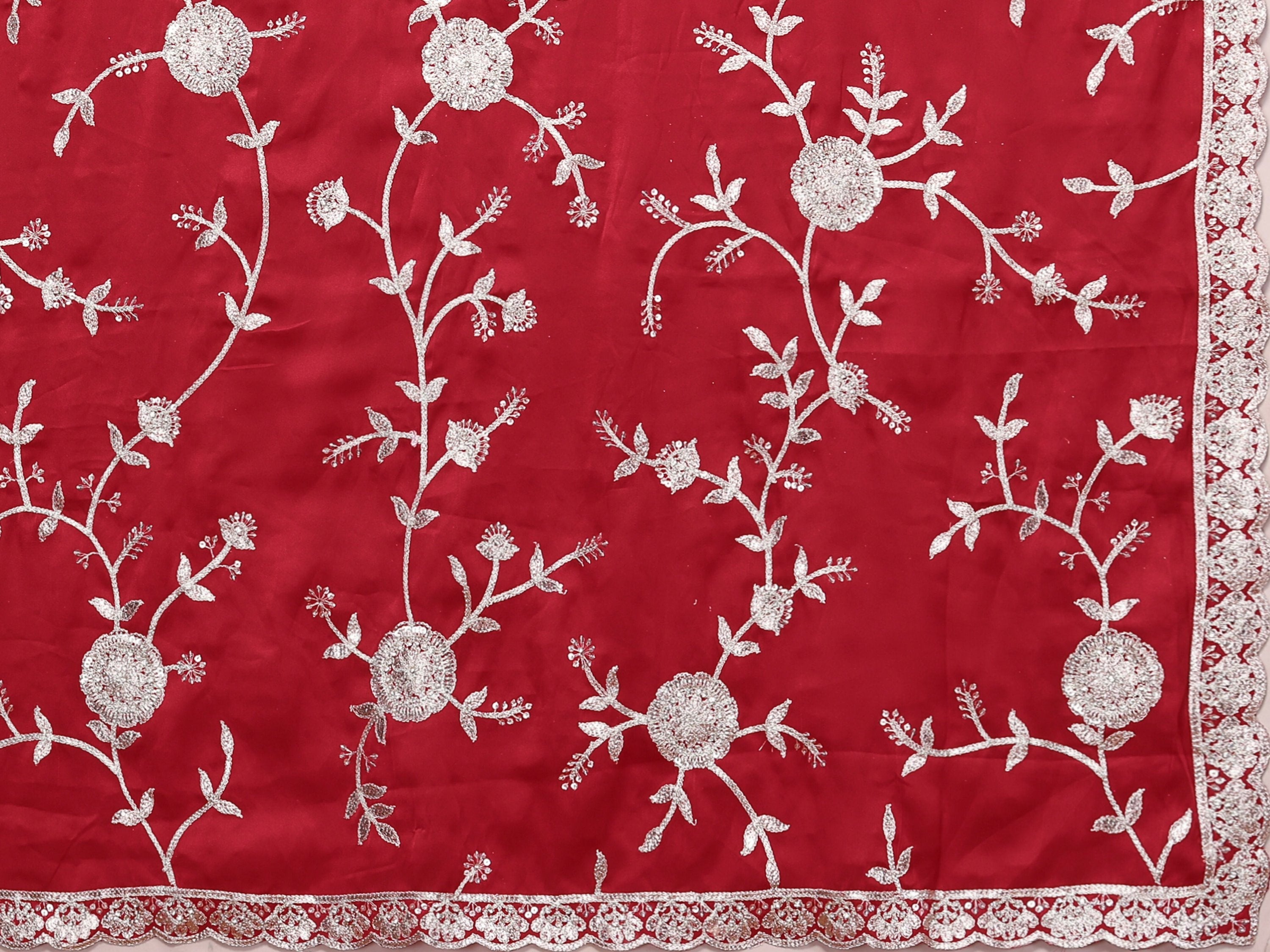 Red Pure Satin Embroidered Saree With Stitched Blouse - Nimaya Kaksha