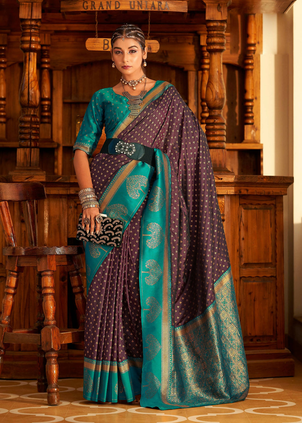 Wine Soft Banarasi Paithani Copper Zari Weaving Saree With Unstitched Blouse Piece - Jodha